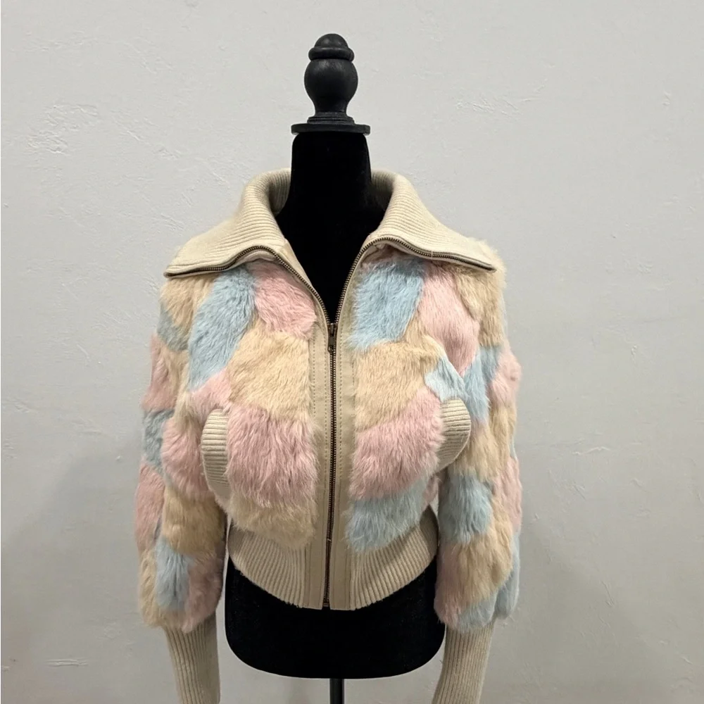 Colorful Teddy Jacket genuine, rabbit fur, multicolored coat - Picture 2 of 12